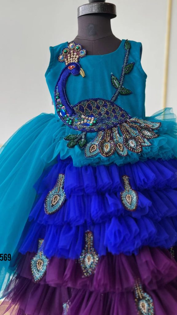 Peacock Theme Heavy Embroidery Birthday Frock for kids